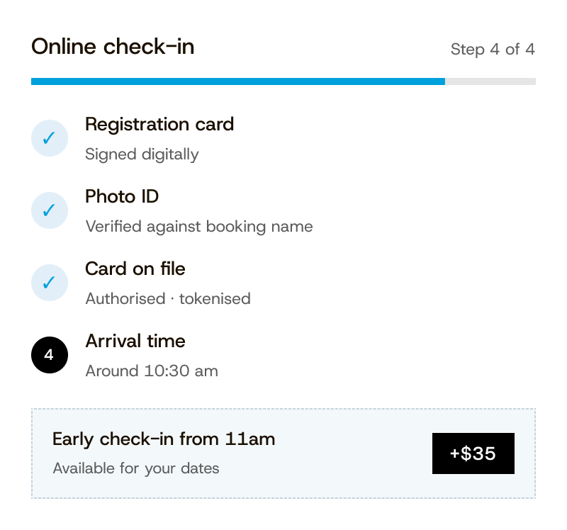 Online check-in form on guest phone