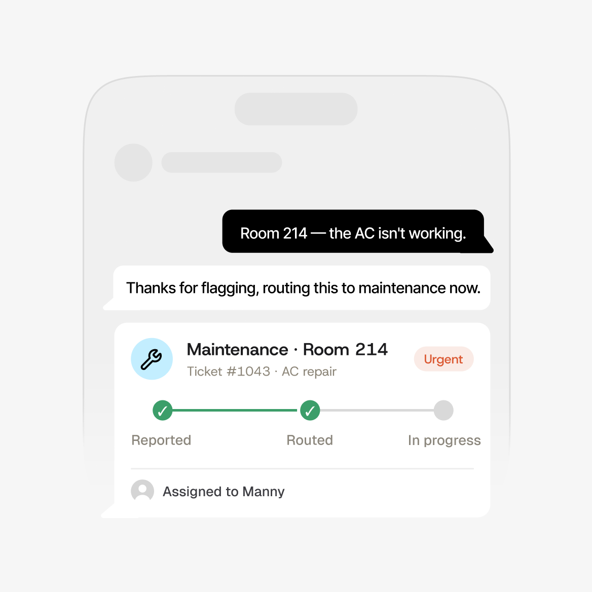 Dextr AI routing maintenance ticket for AC repair in room 214